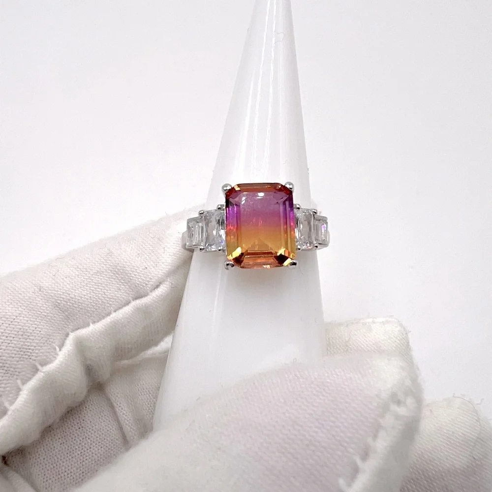 .925 Sterling Silver Padparadscha Sapphire Cz Ring - Picture 3 of 17